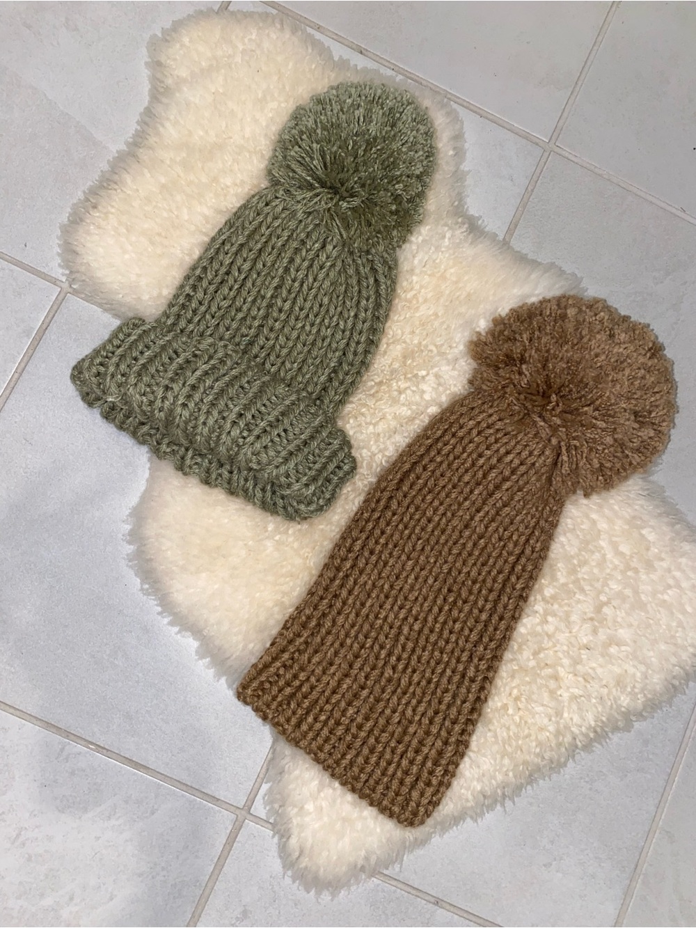 Vici Chunky Knit Pom-Pom Beanies in Olive Green & Warm Brown